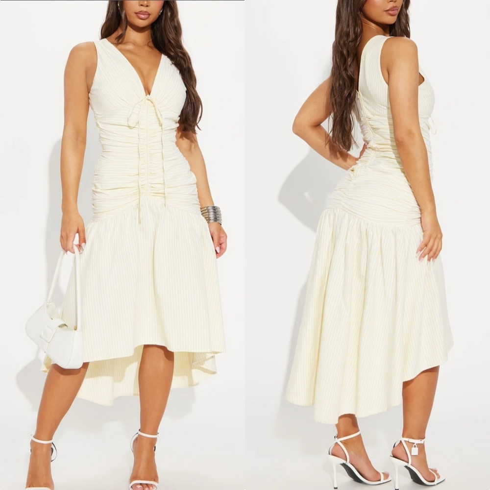 Fashion Nova Yellow White Ruched High Low Skylar Striped Linen Midi Dress